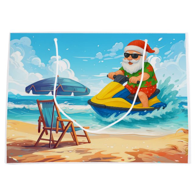 Santa Claus Christmas in July riding jet ski Large Gift Bag (Front)
