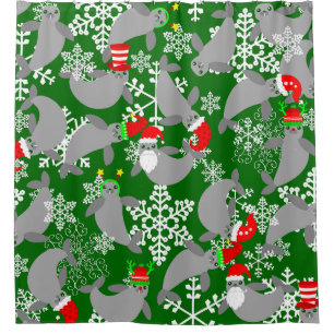 santa claus christmas manatee green shower curtain
