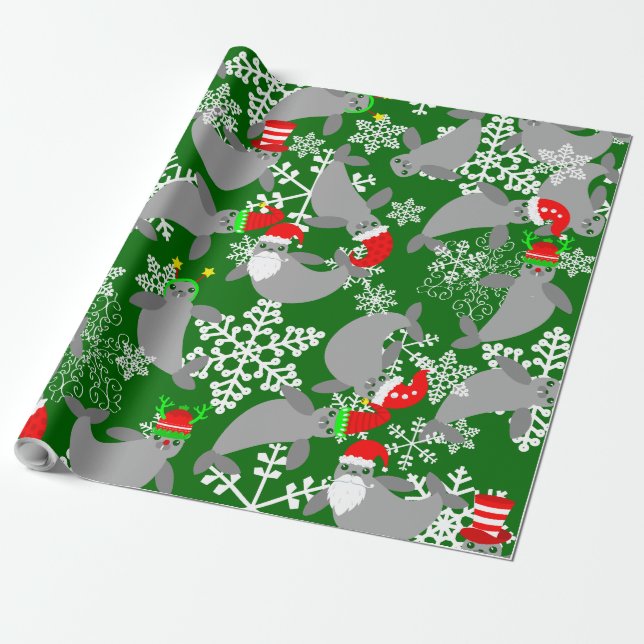 santa claus christmas manatee green wrapping paper (Unrolled)