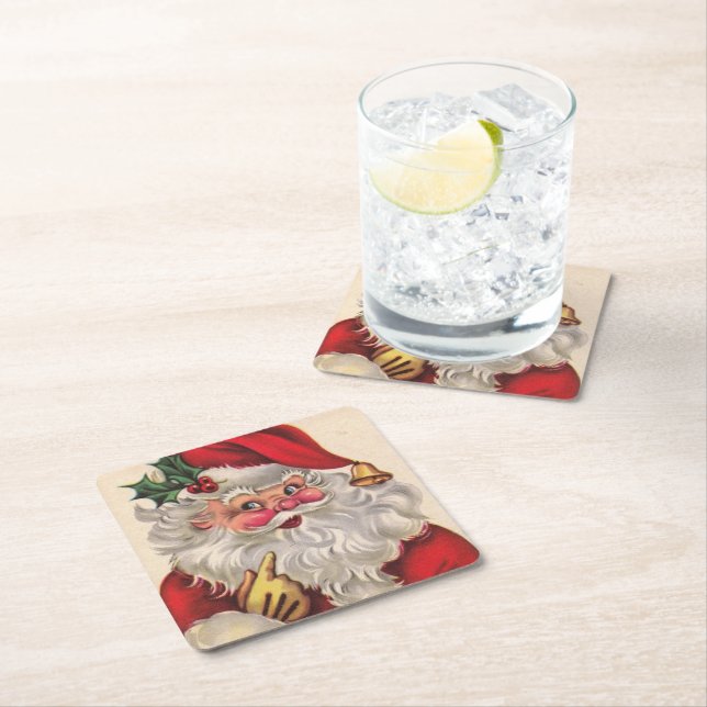 Santa Claus Christmas Party Drink Set of 6 Square Paper Coaster (Insitu)