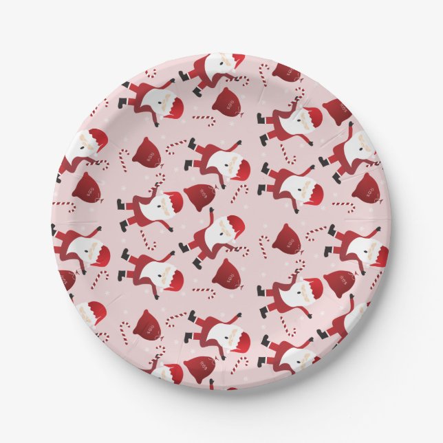 Santa Claus Christmas Pattern Candy Canes Red Paper Plate (Front)