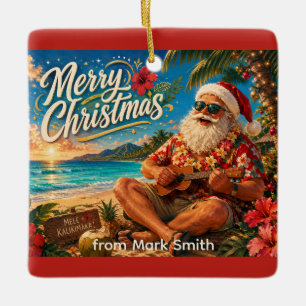 Santa Claus Christmas playing ukulele Ceramic Ornament