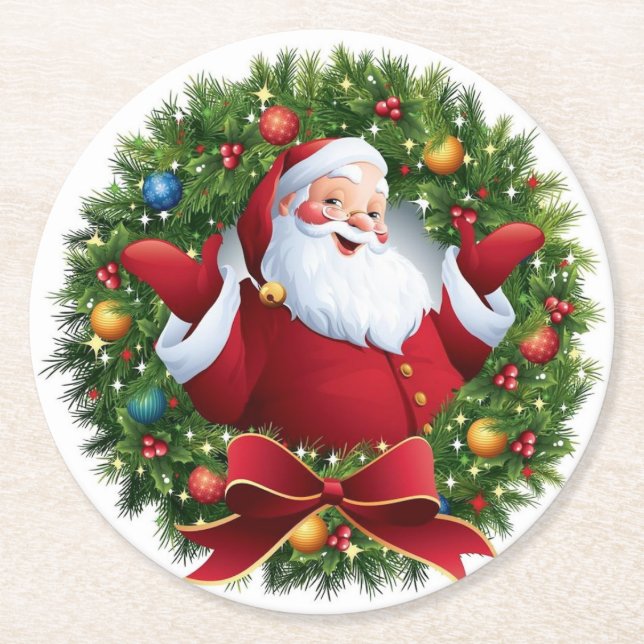 Santa Claus Christmas Set of 6  Round Paper Coaster (Front)