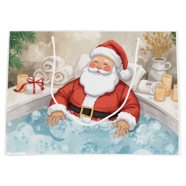 Santa Claus Christmas Spa Bath Tub Large Gift Bag (Front)