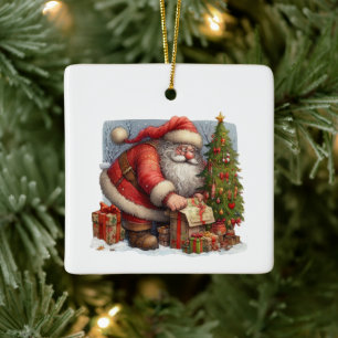 Santa Claus, Christmas Tree and Gifts Customised Ceramic Ornament