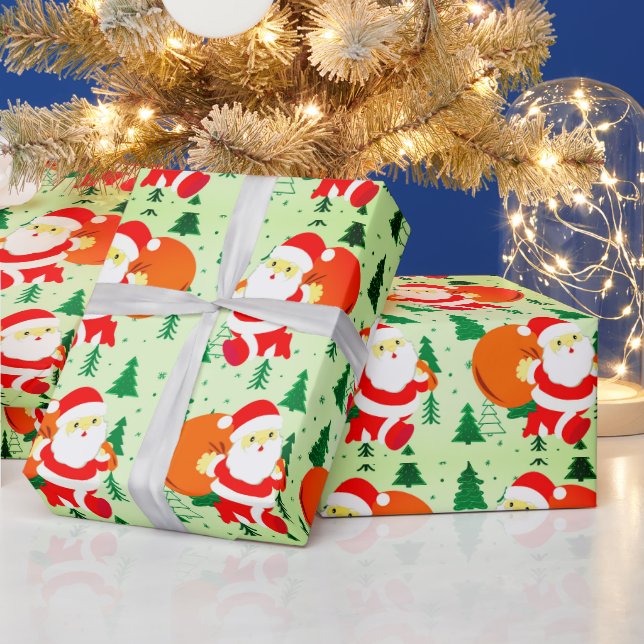 Santa Claus Christmas Tree Christmas Holiday cute Wrapping Paper (Holidays)