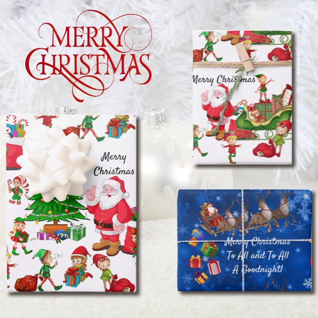 Santa Claus Christmas Tree Elves Reindeer Gifts Wrapping Paper Sheet (Creator Uploaded)