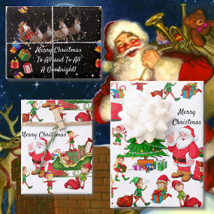 Santa Claus Christmas Tree Elves Reindeer Gifts Wrapping Paper Sheet