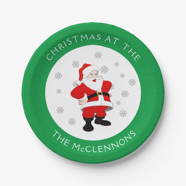 Santa Claus Custom Text  Green Border Paper Plate (Front)