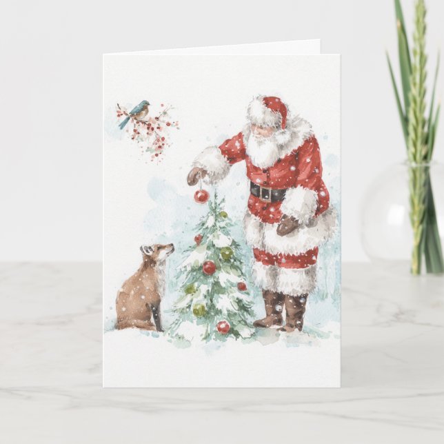 Santa Claus Decorating a Tree with His Woodland Fr Holiday Card (Front)
