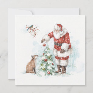 Santa Claus Decorating a Tree with His Woodland Fr Holiday Card