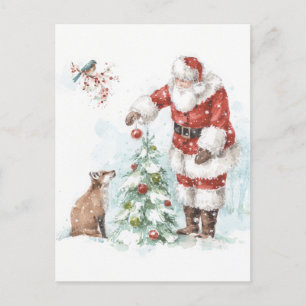 Santa Claus Decorating a Tree with His Woodland Fr Holiday Postcard