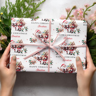 Santa Claus Deer Happy Christmas Personalized Name Wrapping Paper