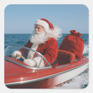 Santa Claus Delivering Gifts By Speedboat Square Sticker