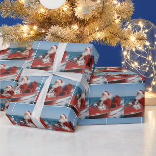 Santa Claus Delivering Gifts By Speedboat Wrapping Paper