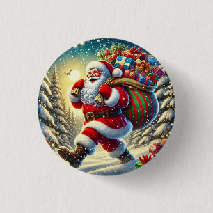 Santa Claus Delivering Gifts in a Snowy Christmas 3 Cm Round Badge