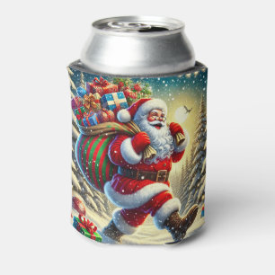 Santa Claus Delivering Gifts in a Snowy Christmas Can Cooler