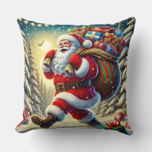 Santa Claus Delivering Gifts in a Snowy Christmas  Cushion