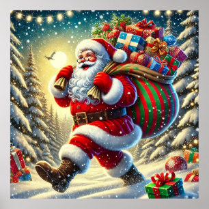 Santa Claus Delivering Gifts in a Snowy Christmas  Poster