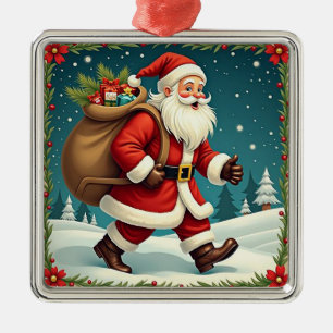 Santa Claus Delivering Gifts Through Snowy Forest Metal Tree Decoration