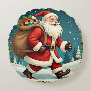 Santa Claus Delivering Gifts Through Snowy Forest Round Cushion