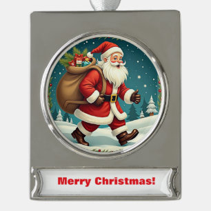 Santa Claus Delivering Gifts Through Snowy Forest Silver Plated Banner Ornament