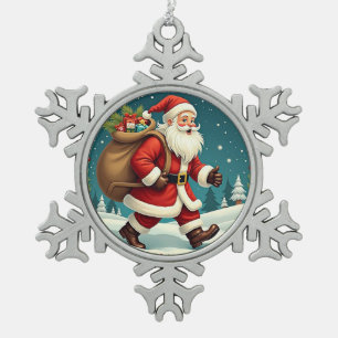 Santa Claus Delivering Gifts Through Snowy Forest Snowflake Pewter Christmas Ornament