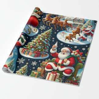 Santa Claus depicted in various joyful activities Wrapping Paper
