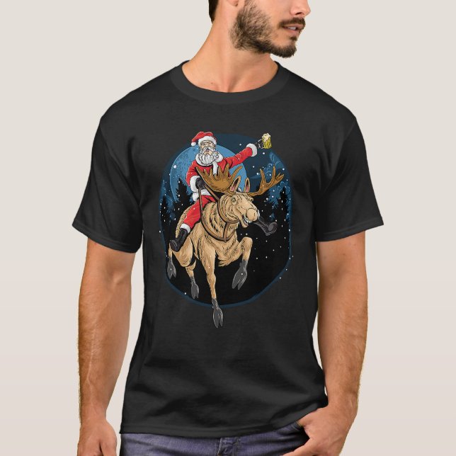 Santa Claus Drinking a Beer While Riding a Moose T-Shirt (Front)