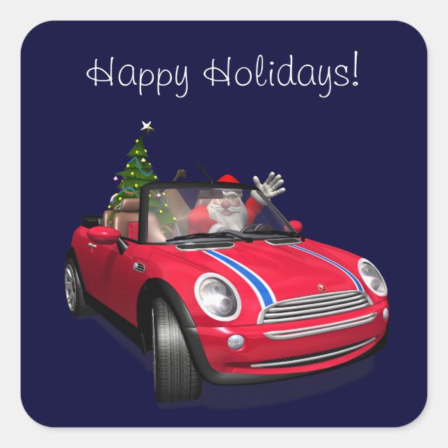 Santa Claus Driving A Mini Square Sticker (Front)