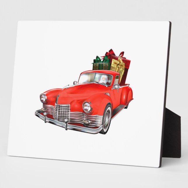 Santa Claus driving a retro car with giftsb Plaque (Side)