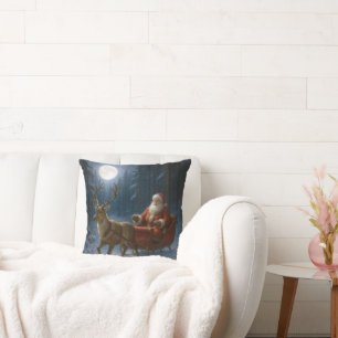 Santa Claus Driving a Sleigh In Moonlight Cushion