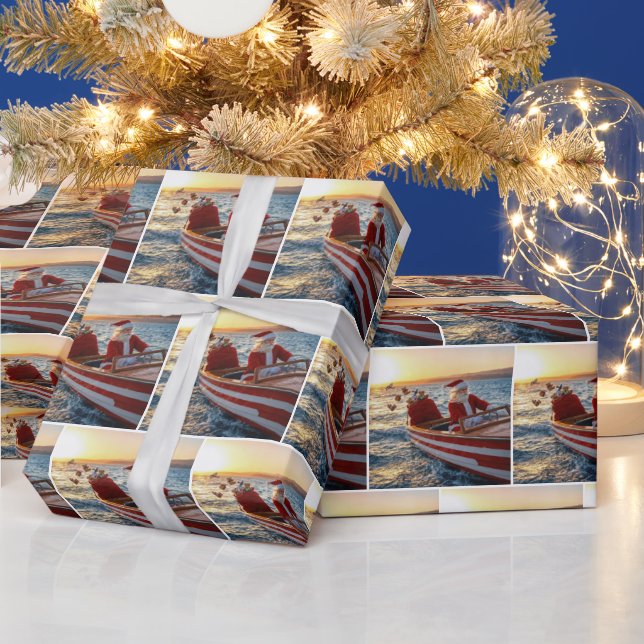 Santa Claus Driving a Speedboat Wrapping Paper (Holidays)