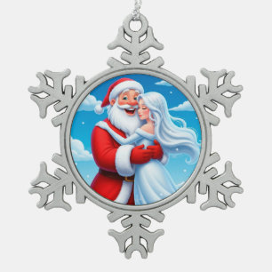 Santa Claus Embracing a Snow Queen Snowflake Pewter Christmas Ornament