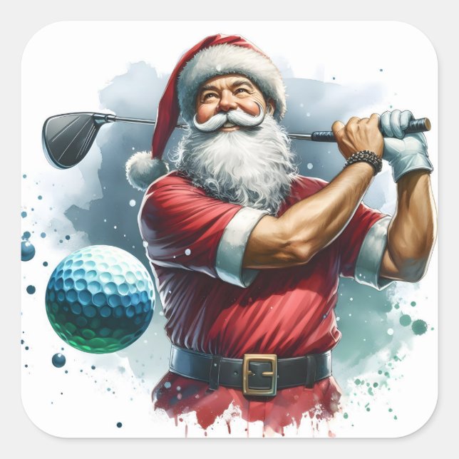 Santa Claus Enjoying a Game of Golf on a Sunny Day Square Sticker (Front)