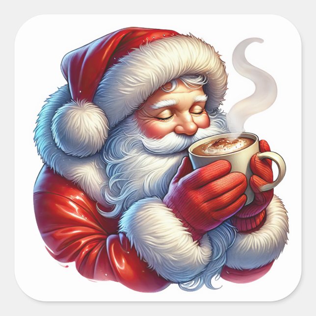 Santa Claus Enjoying a Warm Drink on a Winter Day Square Sticker (Front)