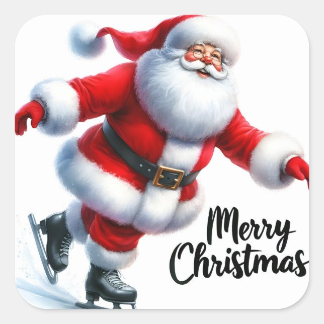 Santa Claus Enjoys Ice Skating During the Holidays Square Sticker (Front)