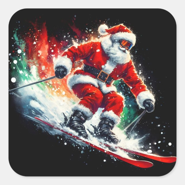 Santa Claus Enjoys Skiing in a Winter Wonderland Square Sticker (Front)
