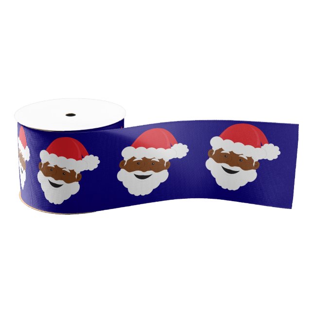 Santa Claus Face Blue Brown Skin Christmas Grosgrain Ribbon (Spool)