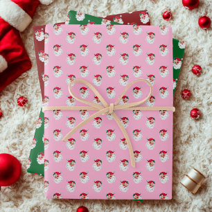 Santa Claus Face Pink Green Red Wrapping Paper Sheet