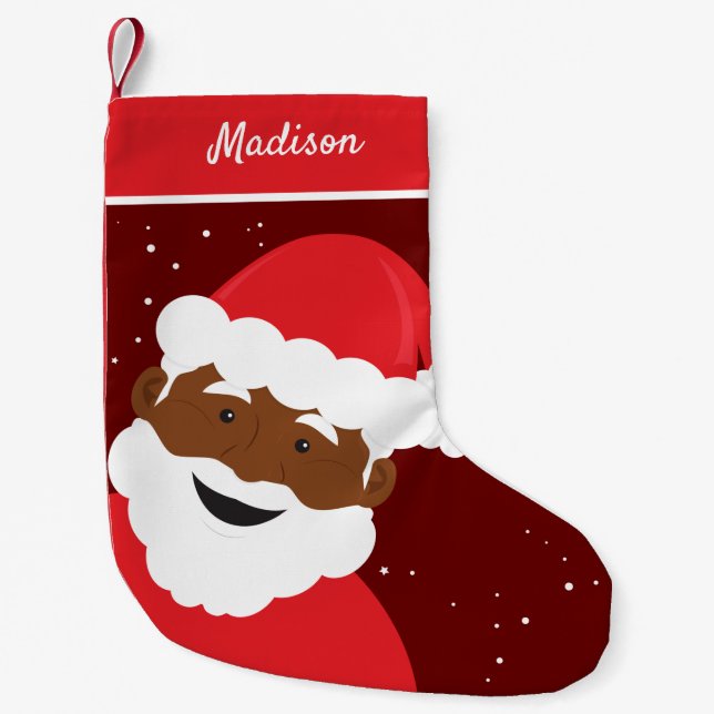 Santa Claus Face Red Brown Skin Name Small Christmas Stocking (Front)