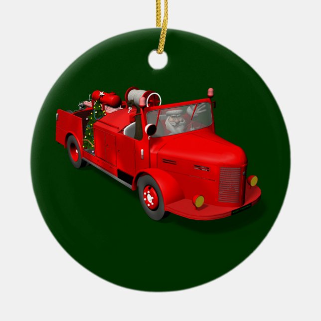 Santa Claus Fireman In Fire Truck Ceramic Tree Decoration (Front)