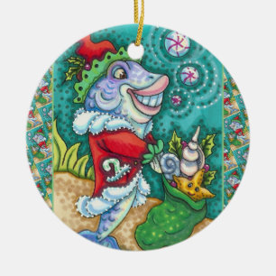 SANTA CLAUS FISH TALES, STARFISH, BAG OF SEASHELLS CERAMIC TREE DECORATION