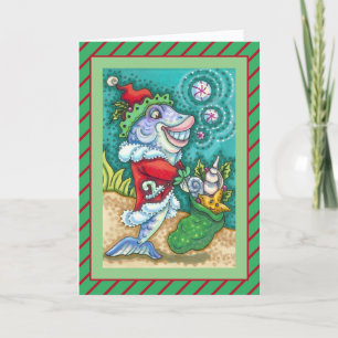 SANTA CLAUS FISH TALES, STARFISH, BAG OF SEASHELLS HOLIDAY CARD