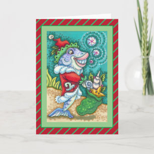 SANTA CLAUS FISH TALES, STARFISH, BAG OF SEASHELLS HOLIDAY CARD