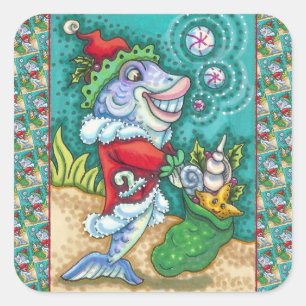 SANTA CLAUS FISH TALES, STARFISH, BAG OF SEASHELLS SQUARE STICKER