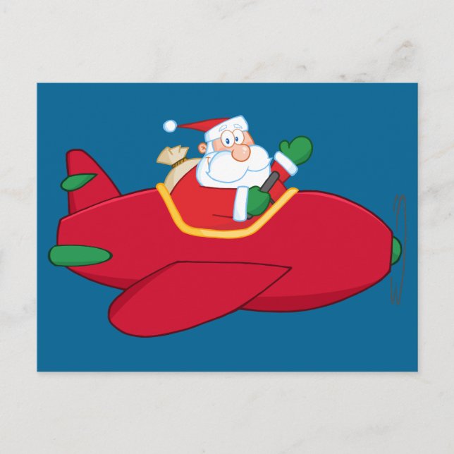 Santa-Claus-Flying-A-Plane-And-Waving Holiday Postcard (Front)