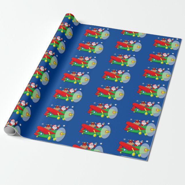 Santa Claus Flying an Aeroplane filled with Gifts  Wrapping Paper (Unrolled)