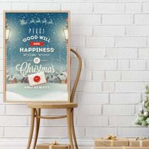 Santa Claus Flying over Snowclad Village Christmas Poster