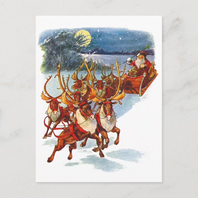 Santa Claus Flying With His Reindeer Guided Sleigh Holiday Postcard (Front)